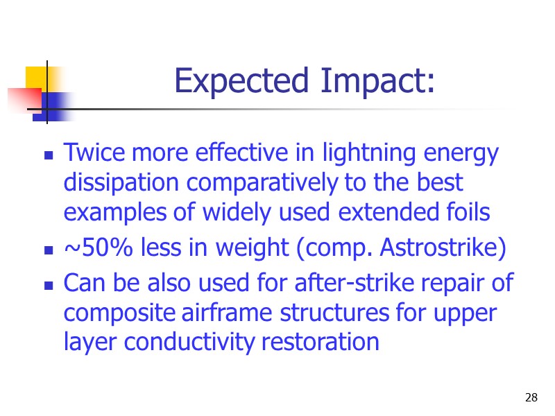 28 Expected Impact: Twice more effective in lightning energy dissipation comparatively to the best